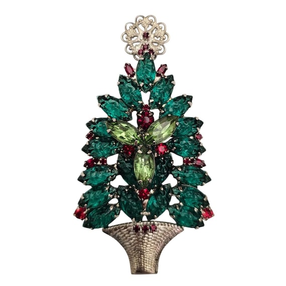 Green Rhinestone Christmas Tree Brooch Vintage Pin J841