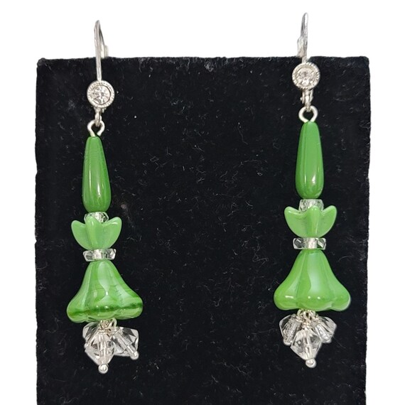 Czech Vintage Green Clear Glass Beads Lever Back Dangle Drop Earrings E155
