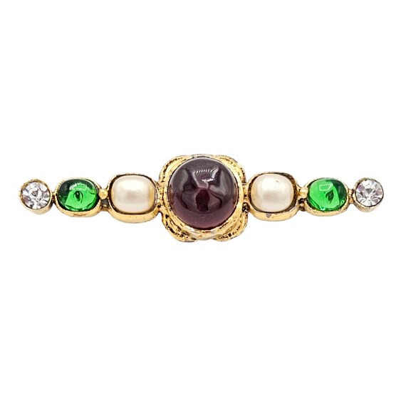 Chanel Vintage Red, Green Glass Bar Brooch, Faux Pearl Clear Rhinestone Pin, Signed 1985 L529