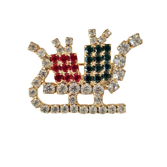 Santa's Sleigh Brooch Vintage Green Red Rhinestone Pin