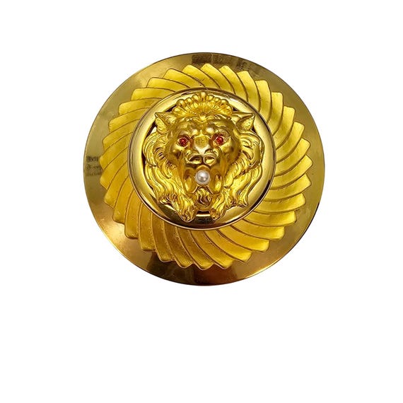 Vintage Lion Brooch Faux Pearl In Mouth Red Eyes Pin J695