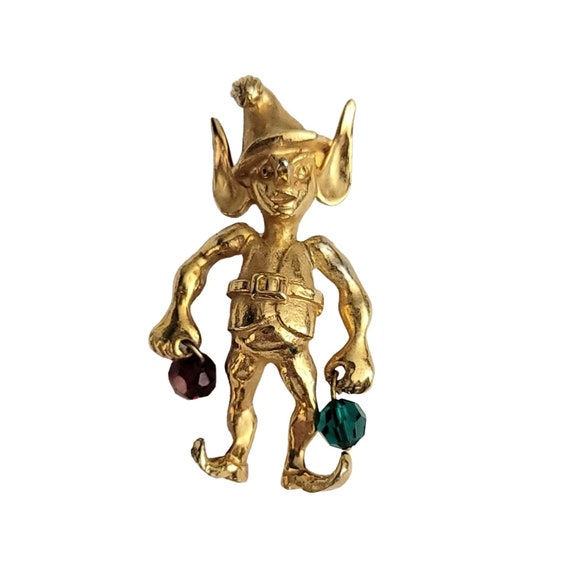 Napier Vintage Gold Tone Red Green Bead Dangle Elf Pin Brooch, Signed