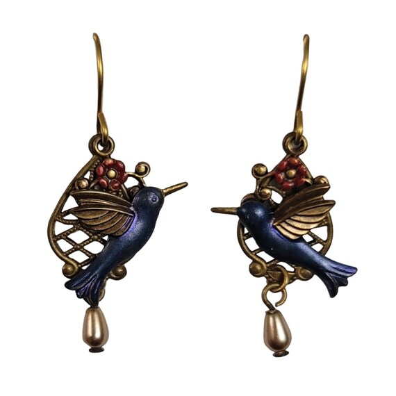Bronze Tone Blue Enamel Humming Bird Flower Hook Earrings, E88