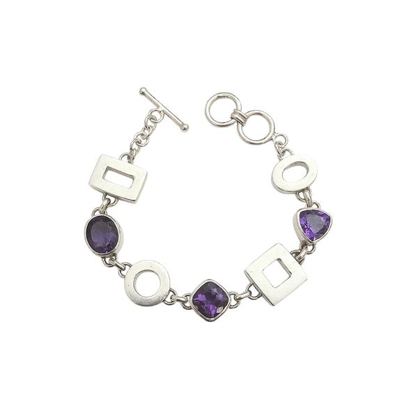 Sterling Silver Amethyst Chunky Bracelet Squares O’s, Trillion Links J334
