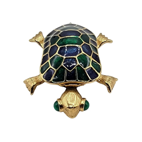 Erwin Pearl Gold Tone Green Enamel Articulated Statement Turtle Brooch, Signed