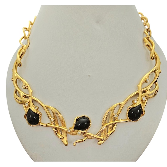 Barerra For Avon Collared Leaf & Vine Black Lucite Clear Rhinestone Chain Necklace, Signed L972