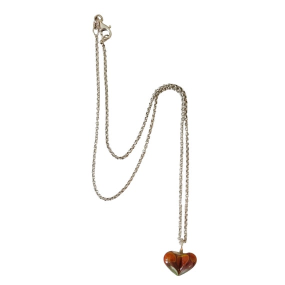 Sterling Silver Glass Art Glass Heart Pendant Necklace 16" Long,  E852