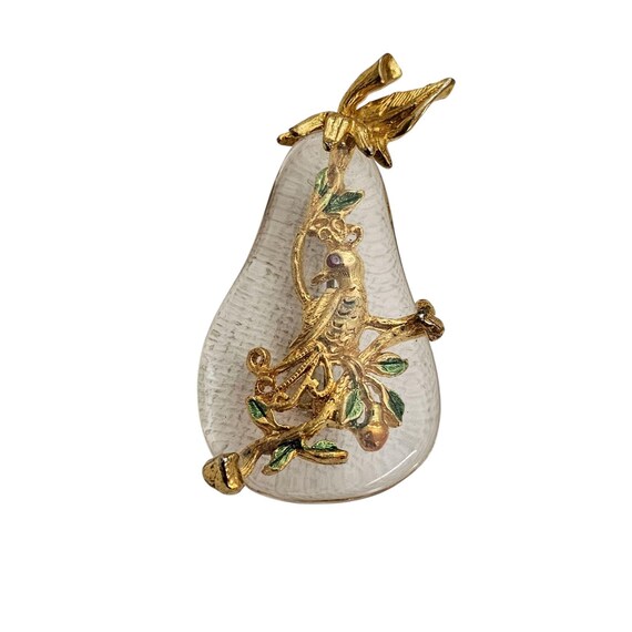 Tancer II Jelly Clear Lucite Pear Partridge Bird Leaf Brooch Pin Signed
