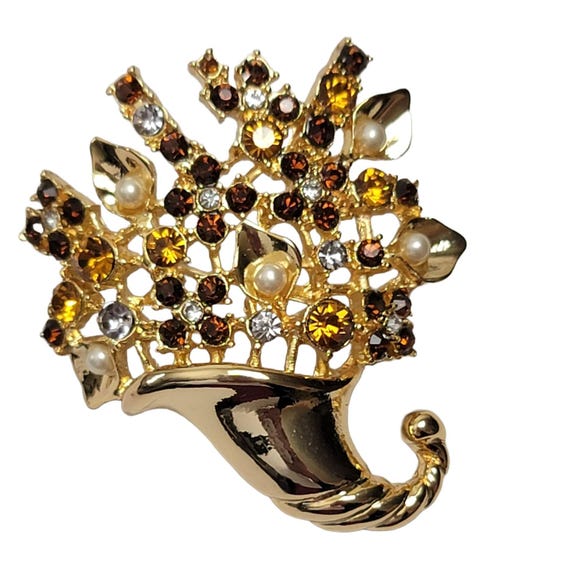 Talbots Gold Tone Faux Pearl Multi Autumn Color Rhinestone Cornucopia Brooch K3B