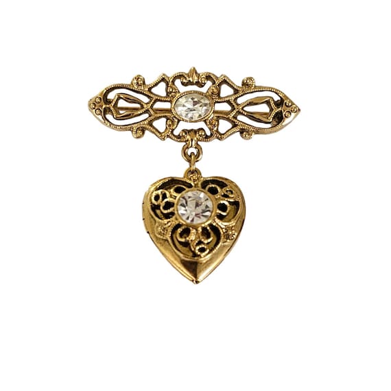 1928 Brand Gold Tone Heart Locket Bar Brooch Pin L262