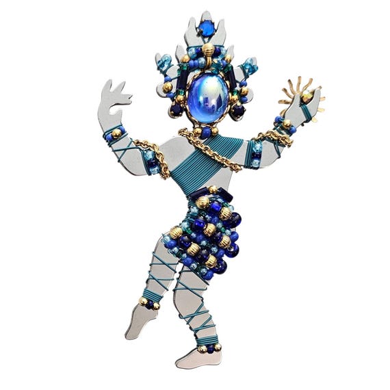 Liztech Brooch Blue Cabochon Beaded Asian Dancer Vintage Pin Signed