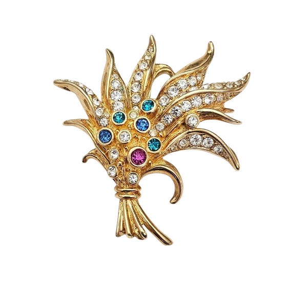 Swarovski Gold Tone Clear Multicolor Crystal Wheat Sheath Brooch Swan Logo Marked, J14