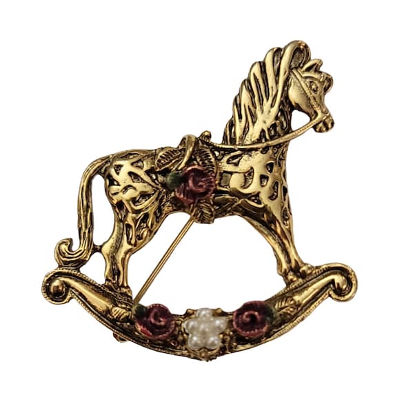 1928 Brand Hobby Rocking Horse Rose Faux Pearls Pin Brooch K862