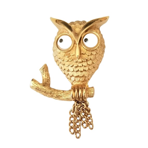 Avon Vintage 1975 Gold Tone "Wise Guy" Googly Eye Owl Brooch Pin, Signed