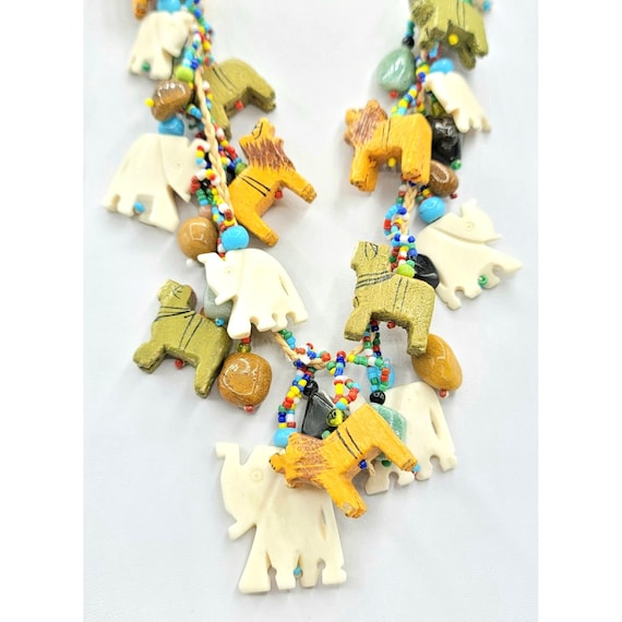 Fetish Carved Elephant, Wooden Lion, Beaded Necklace, 24 Inches