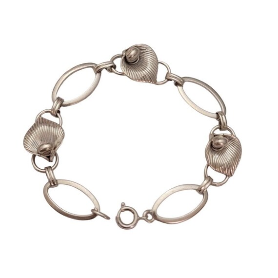 Sterling Silver Vintage Calla Lily Oval Chain Link Bracelet 7.5 " Long E492