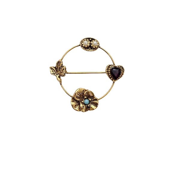 Round Leaf Flower Red Heart Open Brooch Goldette Style J547