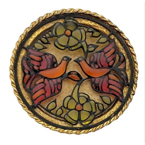 Gold Tone Faux Plique A Jour Overlay Shadow Box Features Round Brooch, K158