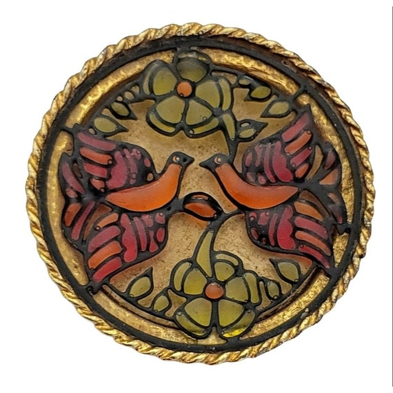 Gold Tone Faux Plique A Jour Overlay Shadow Box Features Round Brooch, K158