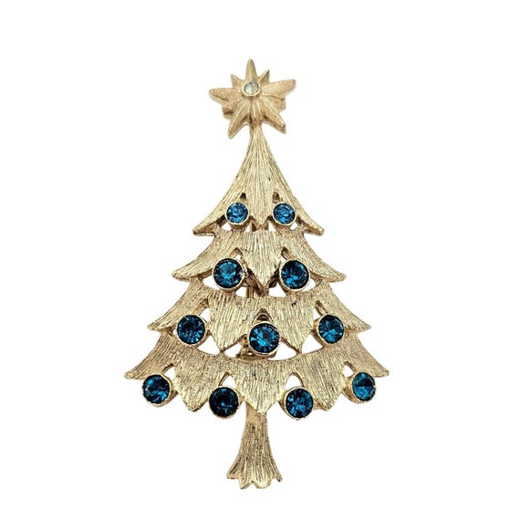 Gold Tone Robin's Egg Blue Rhinestones Christmas Tree Brooch