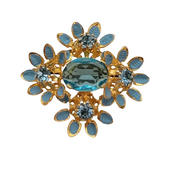 Austria Gold Tone Prong Set Blue Rhinestone Enamel Flower Cluster Brooch Pin, Signed E148