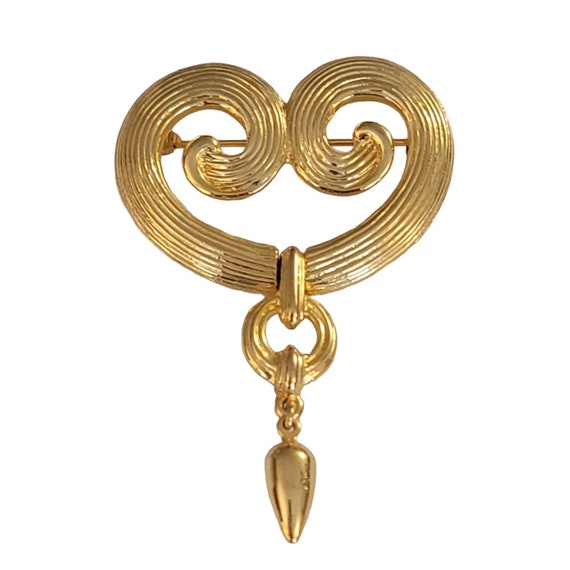 Gold Tone Designer Style Open Heart Scroll With Hinge Dangle Pin Brooch, K956