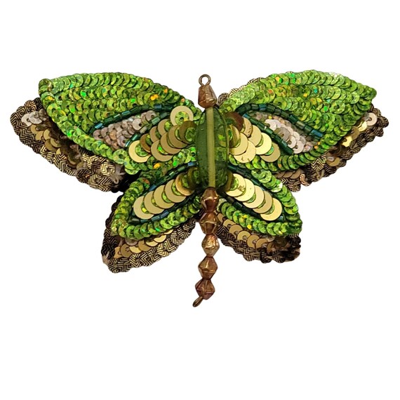 Green, Copper Sequin Seed Bead Large Appliqué Style Butterfly Pin K837