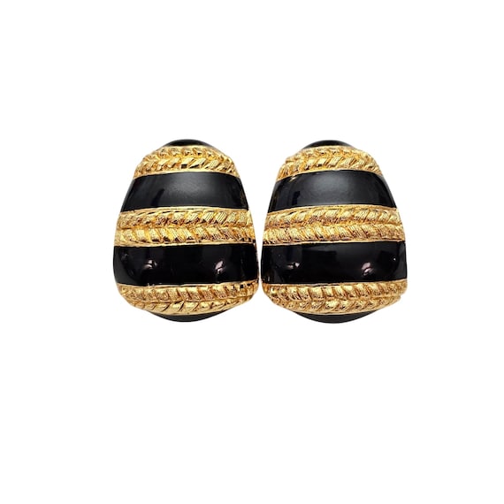 St.  John Clip On Laurel Leaf Black Enamel Earrings Signed, J616