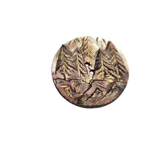 Vintage Antique Shell Carved High Profile Carved Mountain Trees Button J923