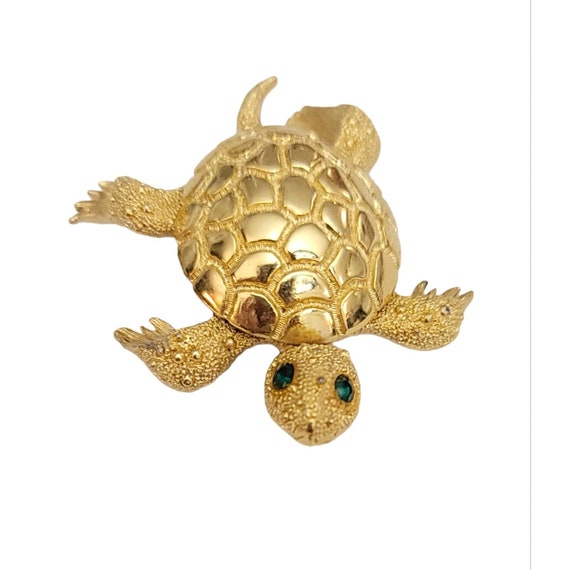 Monet Gold Tone Green Rhinestone Turtle Brooch, S… - image 2