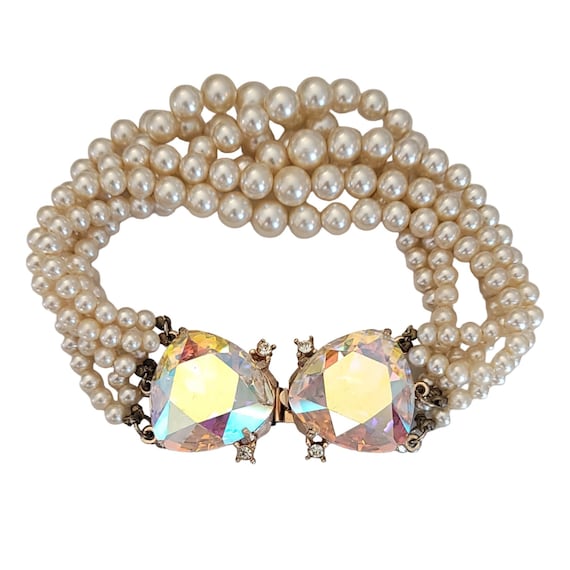 Laguna Multi Strand Faux Pearl Trillion AB Rhinestone Tongue Clasp Bracelet 9” Long, Signed K349