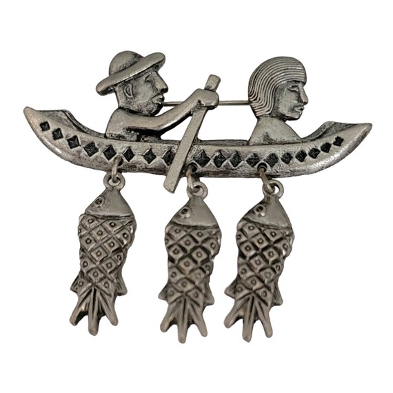 Silver Tone Fisherman On Boat With Three Fishes Dangles Pin Brooch K386