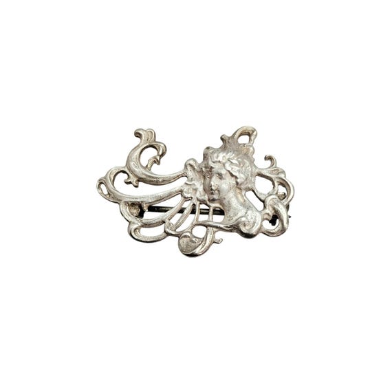 Sterling Silver Art Nouveau Style Lady Face Brooch Pendant Small Pin J341