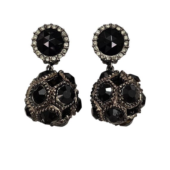 Jay Strongwater Black Disco Ball Dangle Clip On Earrings, Signed