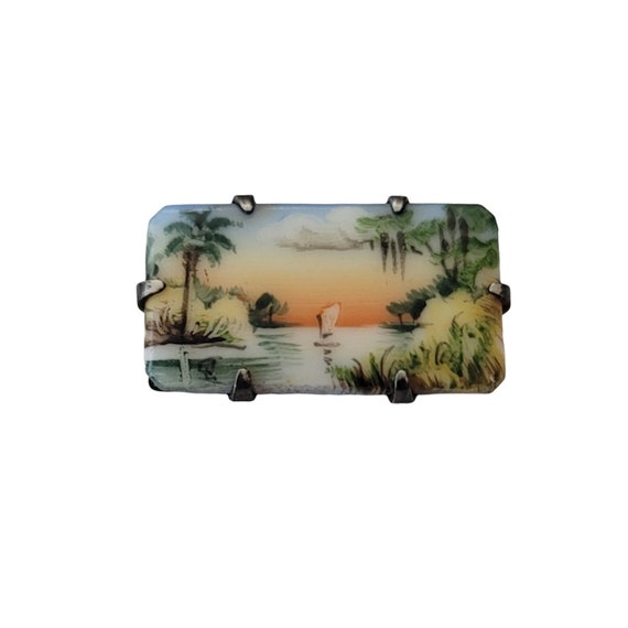 Olive Commons Miniature Painted Florida Scene Rectangle Pin, Signed E822