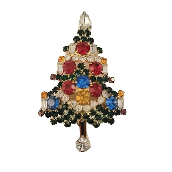 Warner Vintage Gold Tone Multicolor Rhinestone Christmas Tree Pin Brooch, Signed M1026