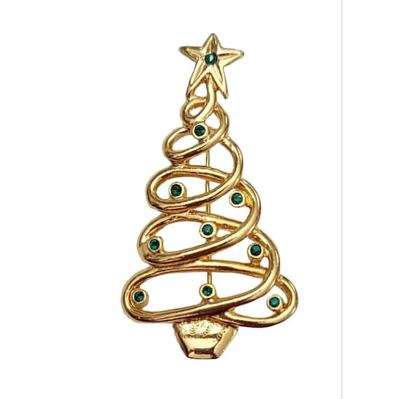 JJ Jonette Gold Tone Green Rhinestone Ribbon Christmas Tree Brooch Pin, Signed K749