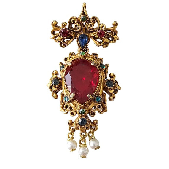 Florenza Red Stone Bar Brooch Fleur De Lis Faux Pearl Dangle Pin Signed J311