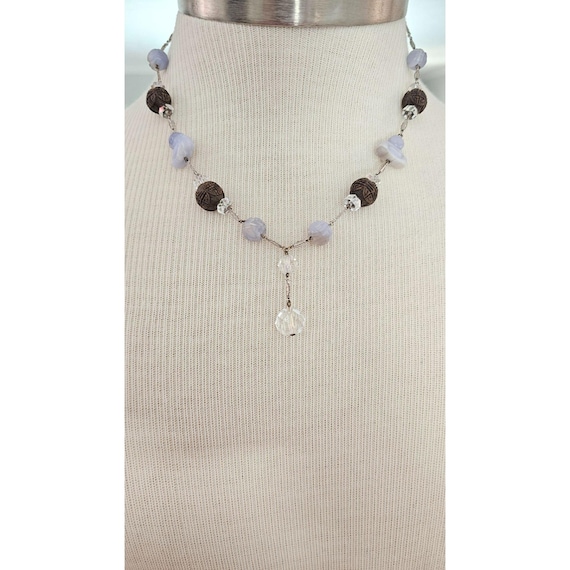 Vintage Blue Lace Agate Buddha Art Deco Necklace J783