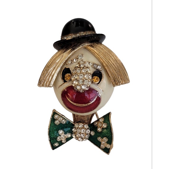 Ciner Gold Tone Enamel Rhinestone Coco The Clown Brooch, Signed K619