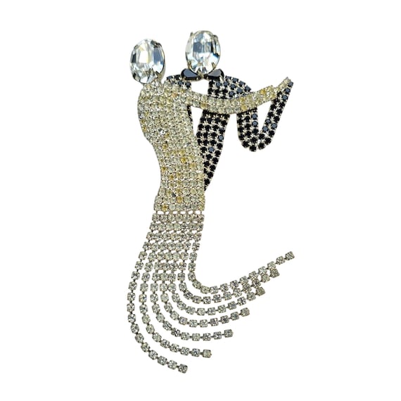 Black Clear Rhinestone Articulated Dancing Couple Brooch