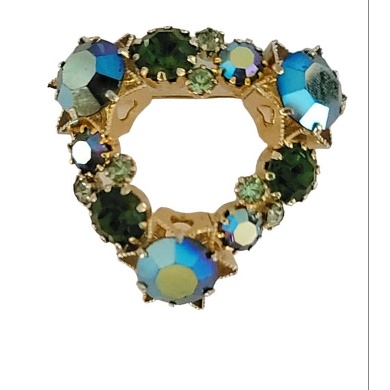 Signed Austria Gold Tone Blue Green Rhinestone Heart Brooch M469