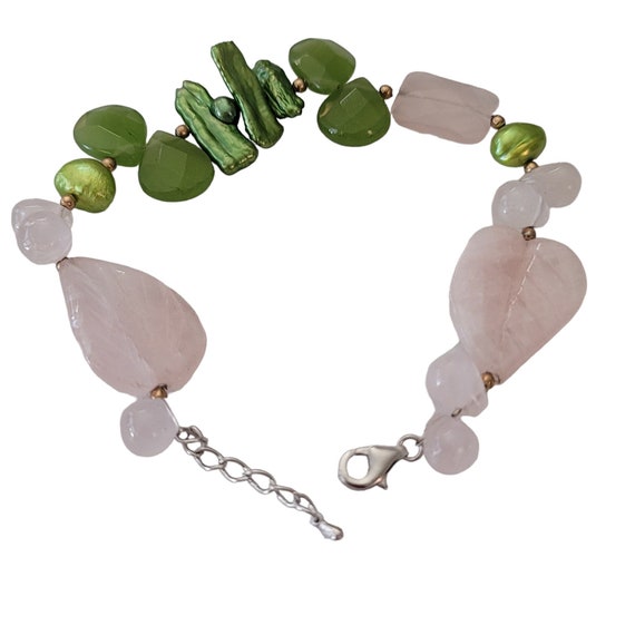 Rose Quartz Green Baroque Pearl Bracelet 8.5" Long E832