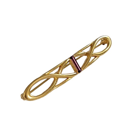 Monet Gold Tone Vintage Purple Baguette Braided Open Bar Pin Brooch, Signed K945