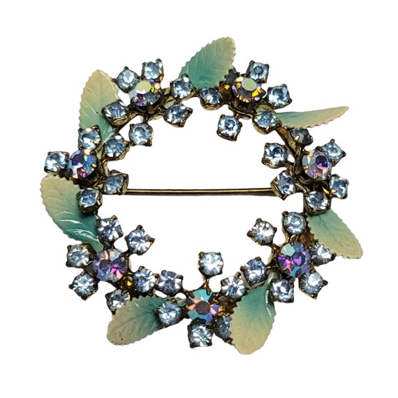 Austria Green Yellow Enamel Blue Rhinestone Open Round Wreath Brooch, Signed