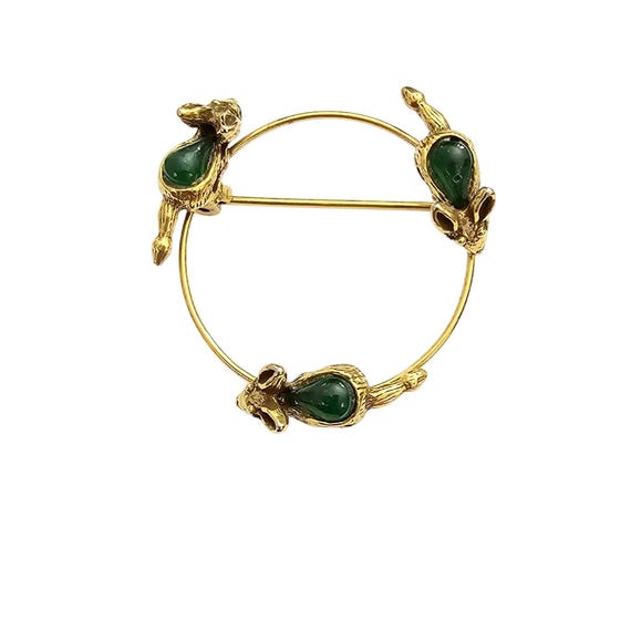 Mouse Open Brooch Green Glass Cab Round Open Eternity Mice Chasing Tail Pin J350