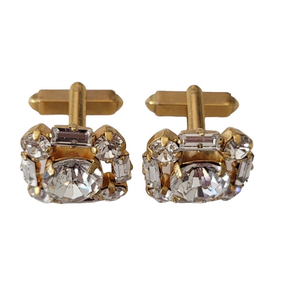 Gold Tone Round Baguette Clear Rhinestone Square Cufflinks E223