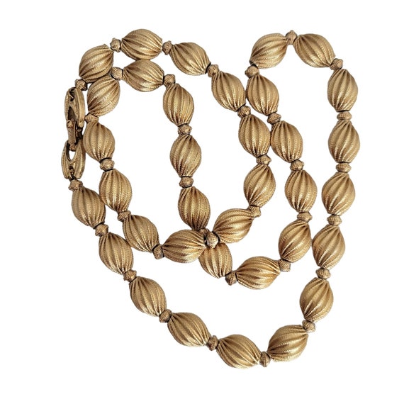 Signed Monet Gold Tone Oval Textured Bead Fold Over Clasp Statement Necklace, 24" Long