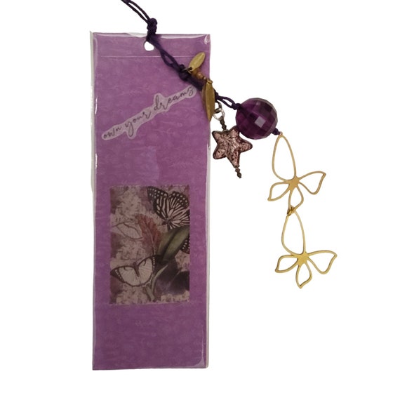 Purple Foil Glass Star Charm Pendant "Own Your Dreams" Purple Butterfly Bookmark, B16