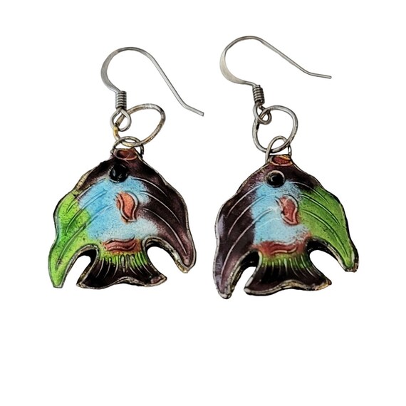 Cloisonné Red Green Purple Enamel Brass Fish Earrings E606